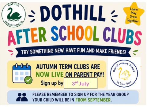 After School Clubs - autumn term 2026 -  now live on ParentPay - sign up before Friday 3rd July 